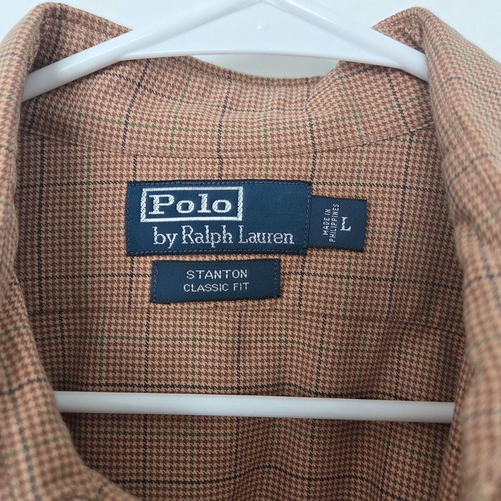 Polo Ralph Lauren Pony Stanton Classic Fit Men Shirt L Plaid LS Preppy Brown Tan